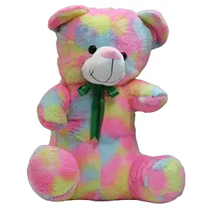 Pastel Rainbow Tie-Dye Teddy Bear with Green Ribbon