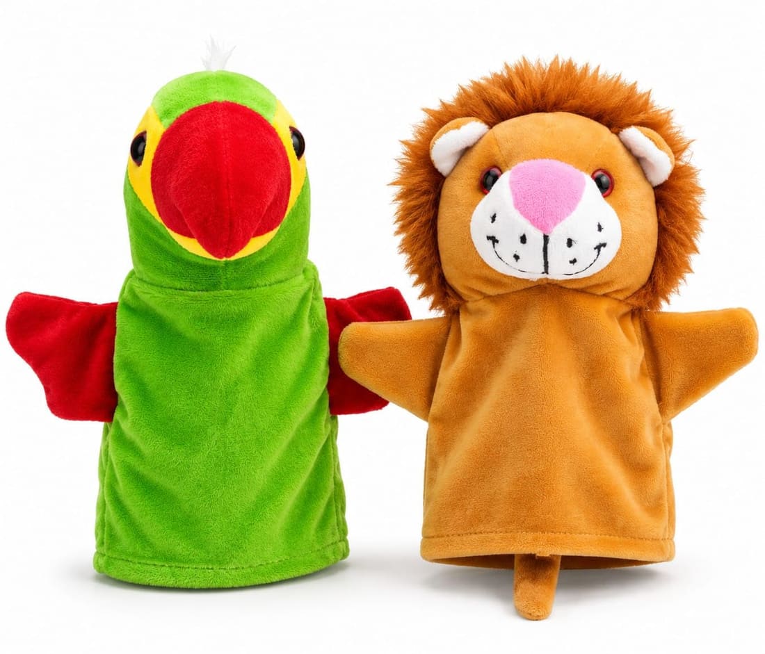 Green Parrot and Lion Plush Hand Puppet Set